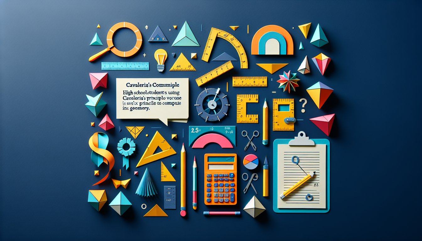 Colorful paper art promoting a geometry trivia quiz on Cavalieris Volume Quest