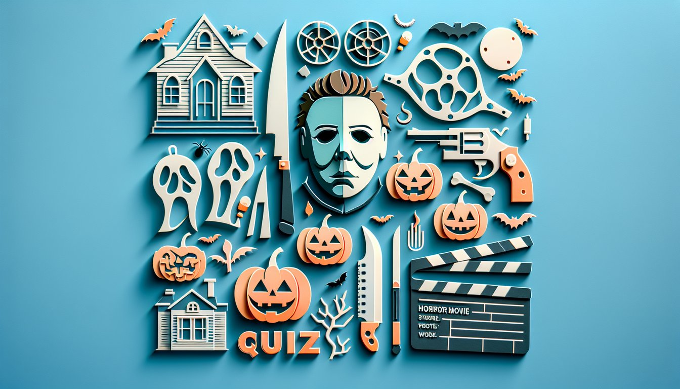Paper art scene with Michael Myers mask pumpkins tombstones and quiz text Halloween trivia challenge on sky blue background