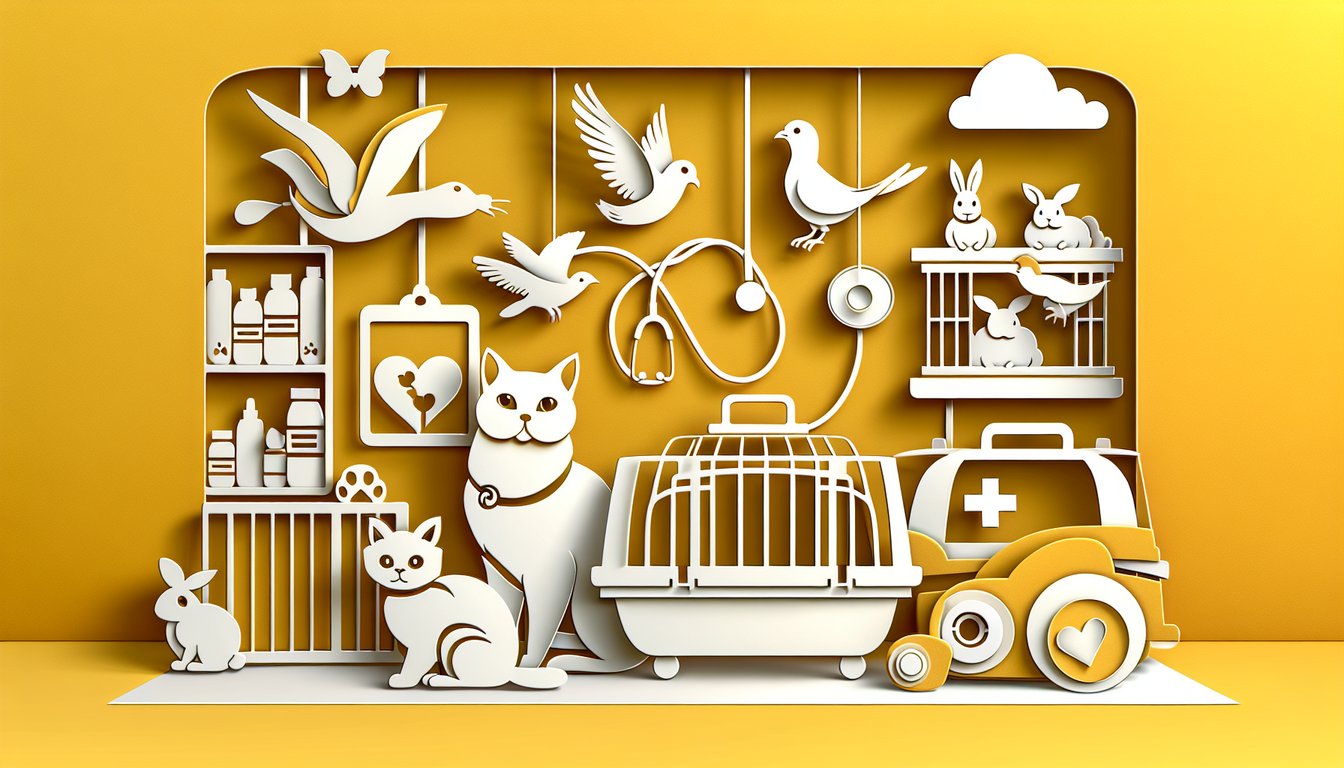 Paper art cat rabbit bird small mammal on golden yellow background quiz prompt to test pet care knowledge and vet timing