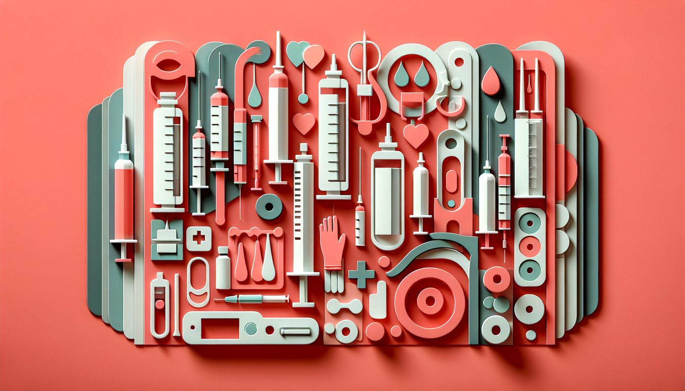Paper art illustration for phlebotomy MCQ quiz and study guide PDF on coral background