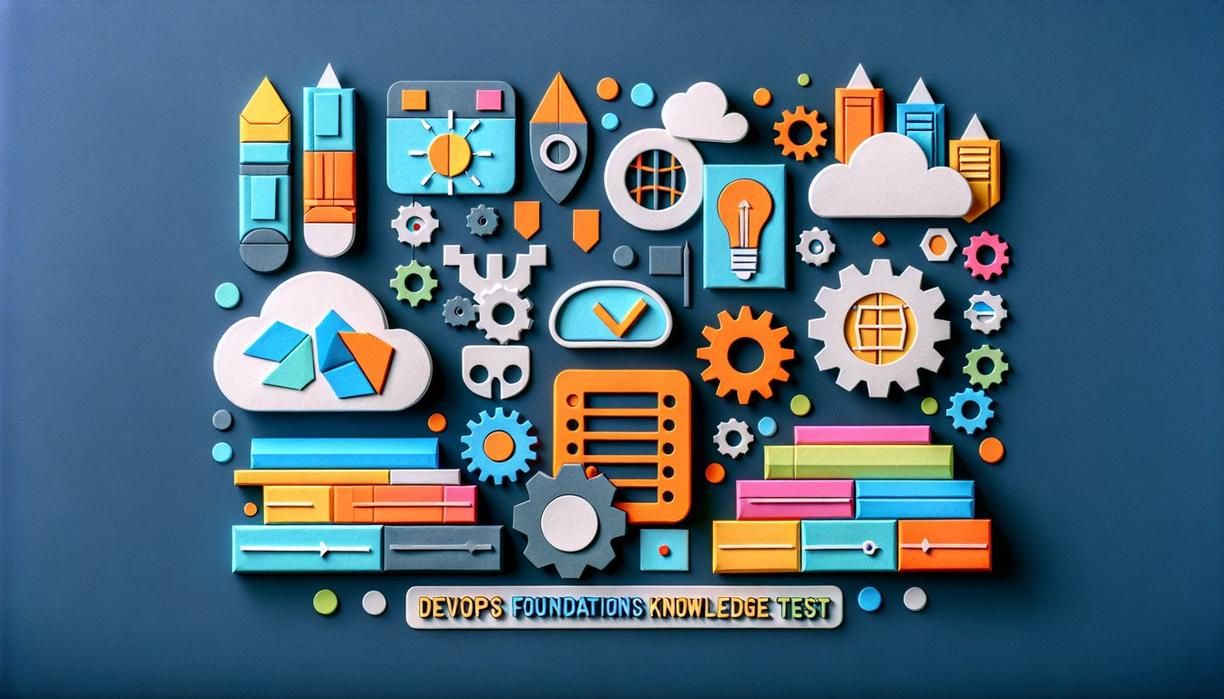 Colorful paper art depicting elements related to DevOps Foundations Knowledge Test Quiz