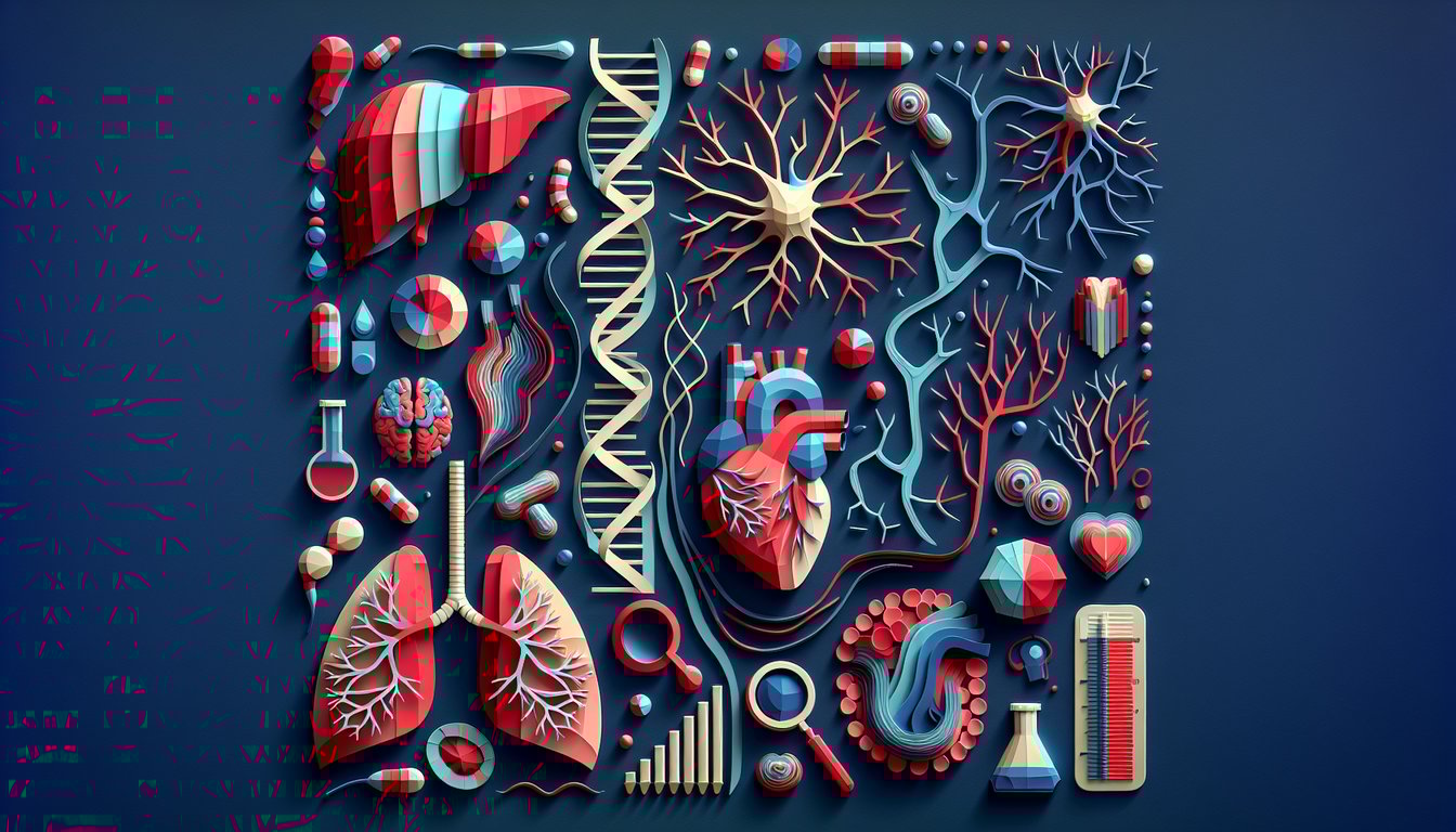 Paper art illustration of human anatomy icons heart brain bone microscope stethoscope and quiz title on dark blue background