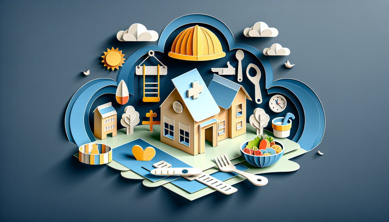 Paper art illustration for DCF test quiz on childcare facility rules on dark blue background