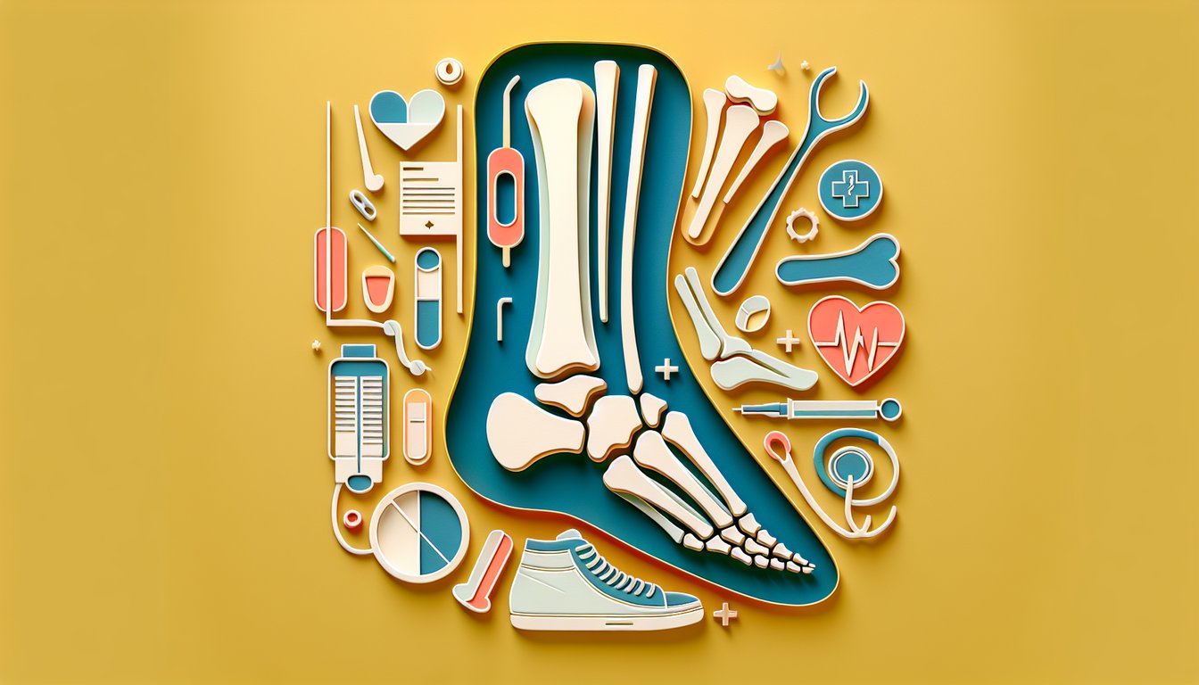 Paper cut art foot and ankle with quiz icons, golden yellow background, invites anatomy and injury know-how challenge
