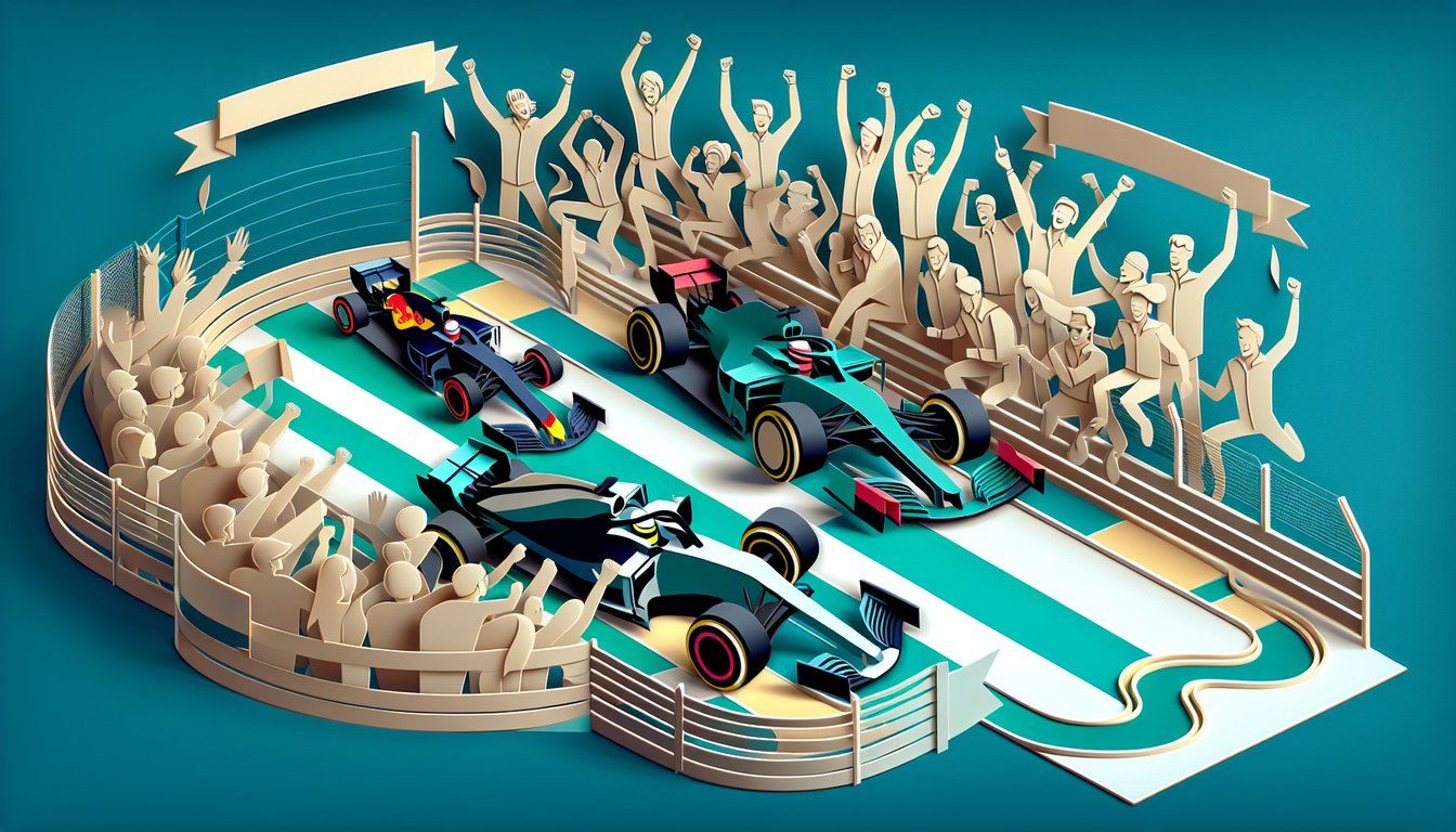 Paper art style Formula 1 helmet and car silhouettes on teal background for personality quiz matching your racing style