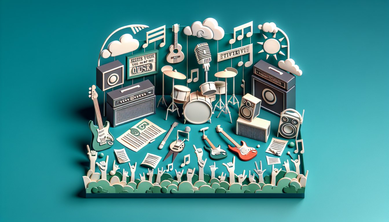 Paper art illustration featuring layered ice crystals guitars lyrics notes for Arctic Monkeys quiz on teal background
