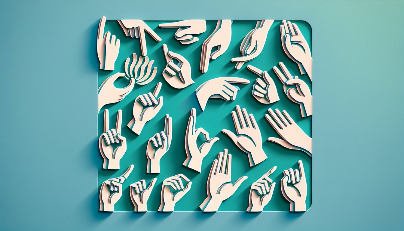 Paper art illustration of hands signing ASL, quiz cards, text elements on teal background.