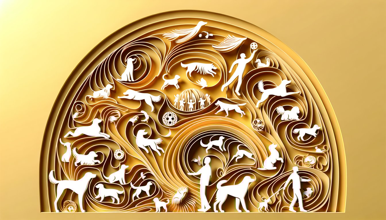 Paper art illustration of a happy dog and quiz about dog feelings on gold yellow background
