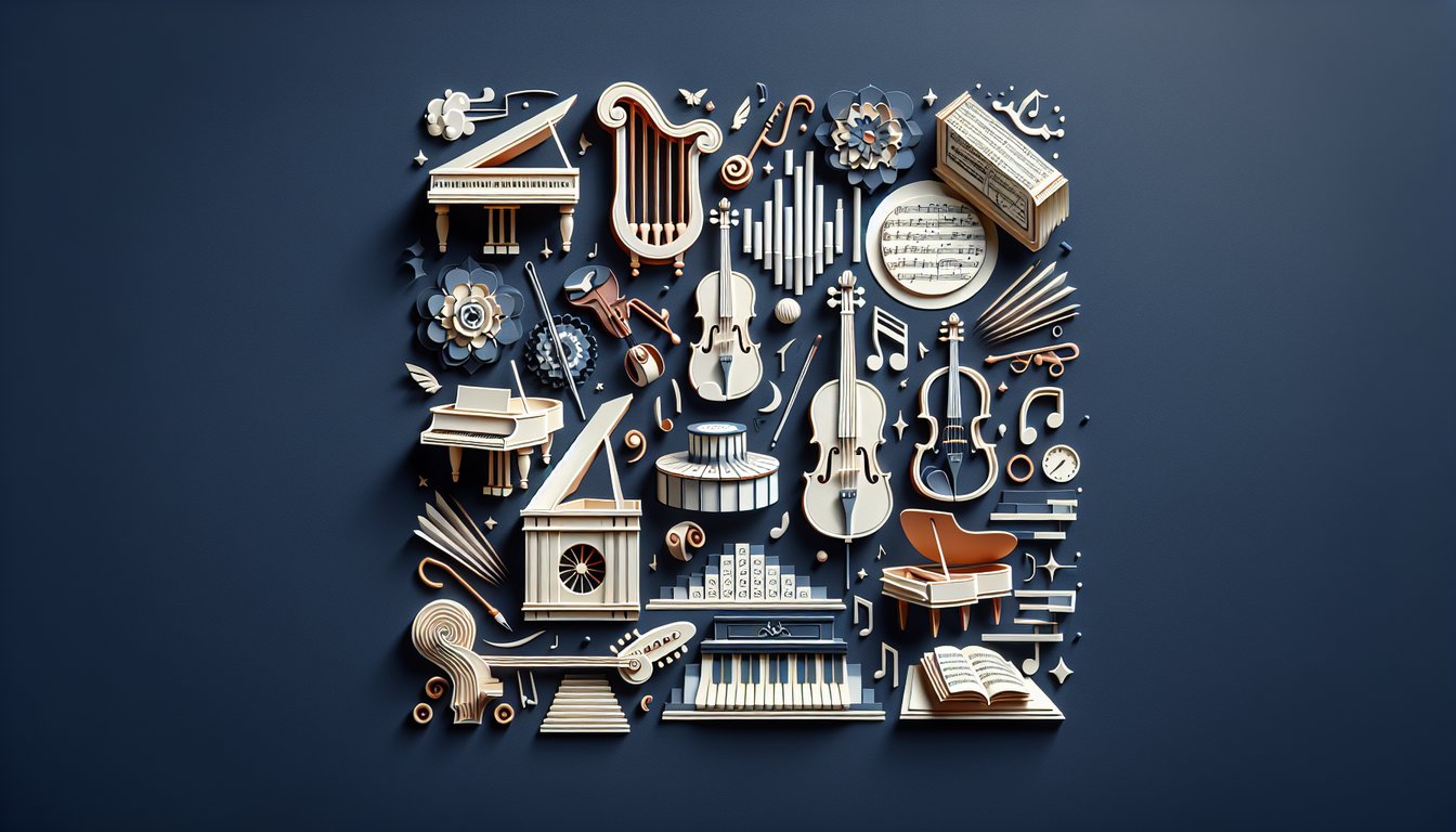 Paper art for Baroque music quiz with quill pen composers sheet music notes and ornate details on dark blue background