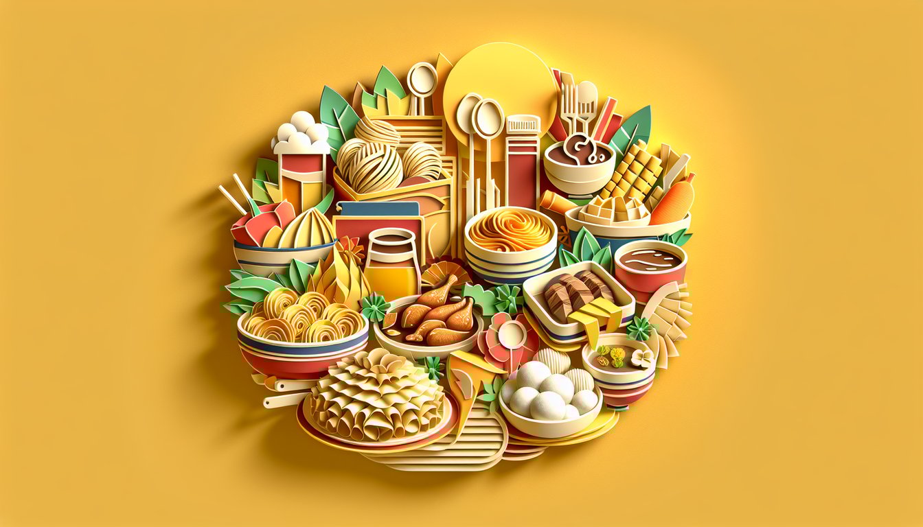 Paper art quiz covers Filipino cuisine with adobo bowl halo-halo dessert utensils and food icons on golden yellow background