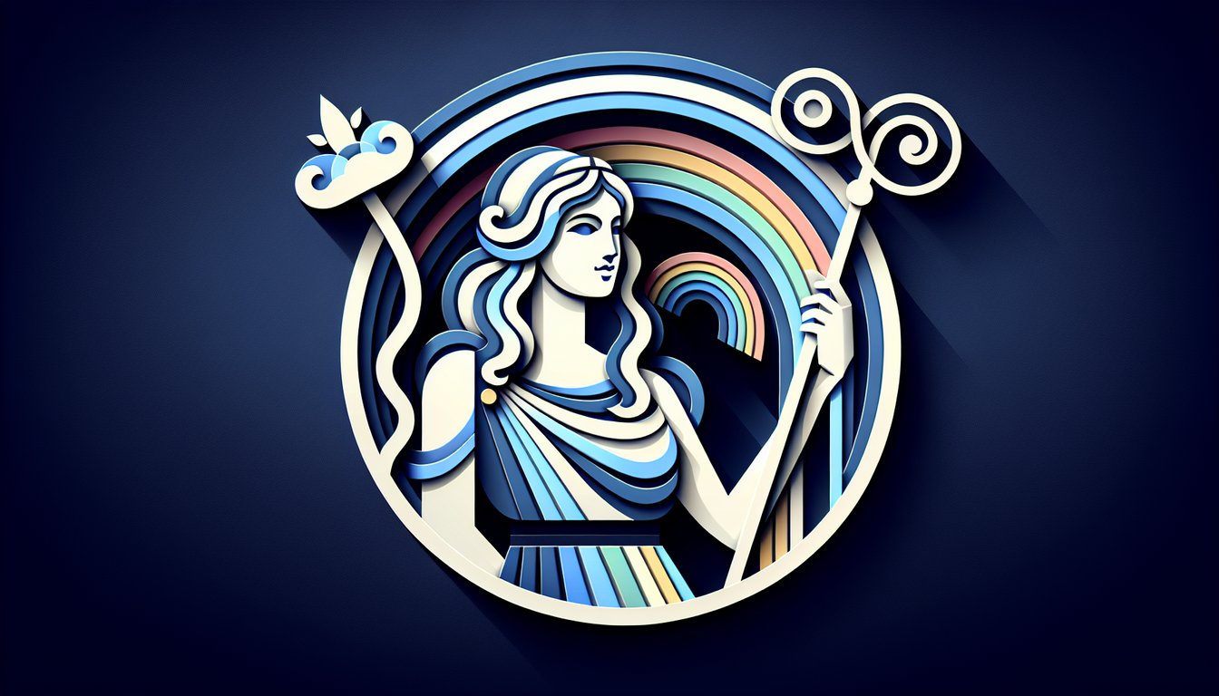 Paper art illustration of Iris messenger goddess holding rainbow staff with Greek patterns on dark blue background