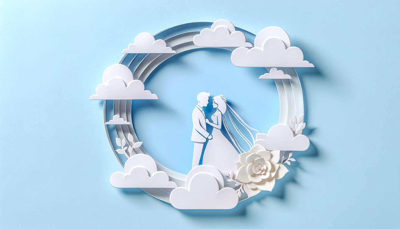 Paper art illustration featuring film reels, hearts, question marks, quiz icons on a sky blue background