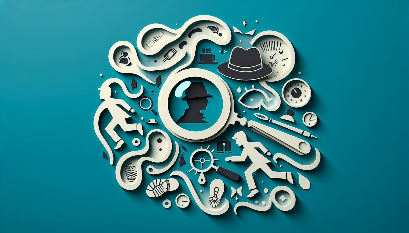 paper art illustration of Detective Conan quiz elements on teal background featuring manga characters, books, detective tools.
