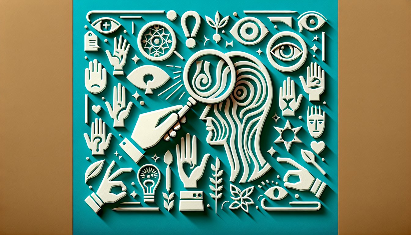 Paper art showing magnifying glass over face cutout with microexpression cues and behavioral icons on teal background