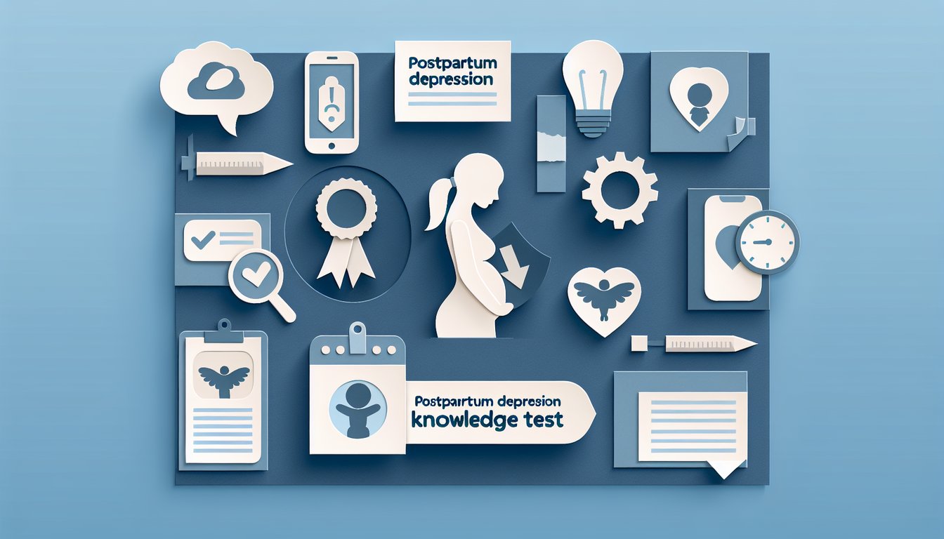 Colorful paper art depicting a trivia quiz about Postpartum Depression Knowledge Test