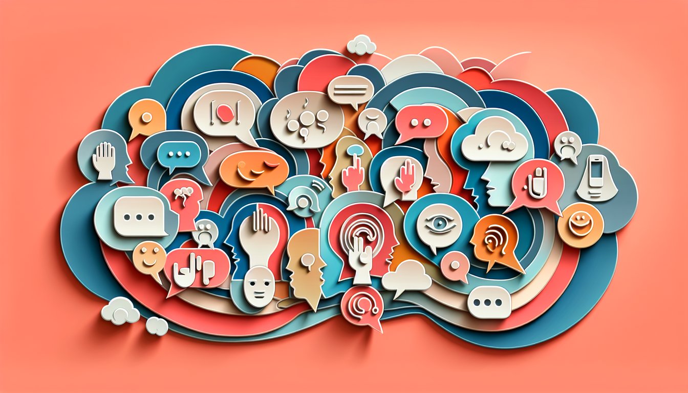 Paper cut art of overlapping speech bubbles and conversation symbols on coral background for communication style quiz
