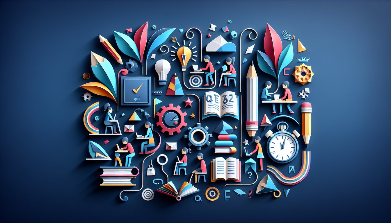 Colorful paper art promoting Sentence Structure Showdown, a high school English quiz.