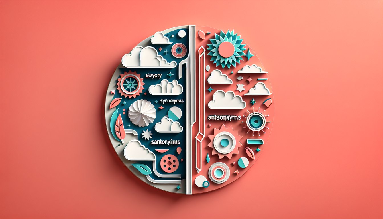 paper art word blocks paired as synonyms and antonyms on coral background inviting test of word opposites and similarities