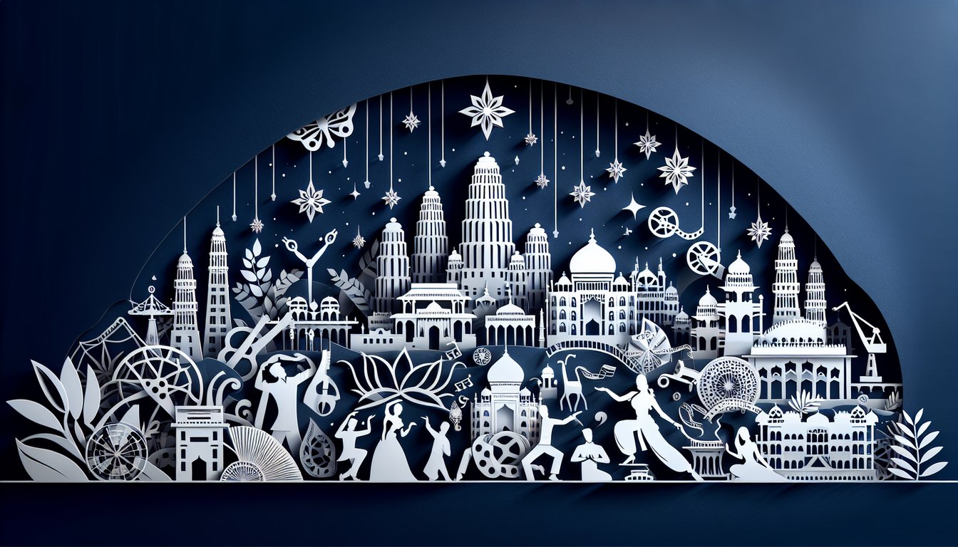 paper art scene with Bollywood film reel clapperboard trivia cards on dark blue background