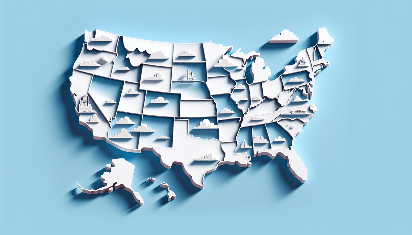 Paper art layered map of United States on sky blue background challenges you to name all 50 states in a free geography quiz