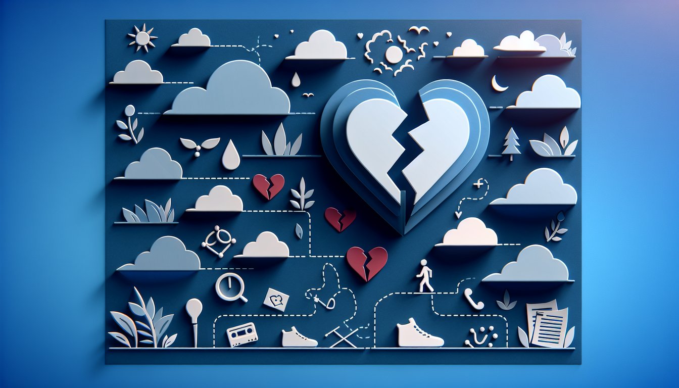 Paper art illustration for personality quiz on overcoming past relationships on a dark blue background