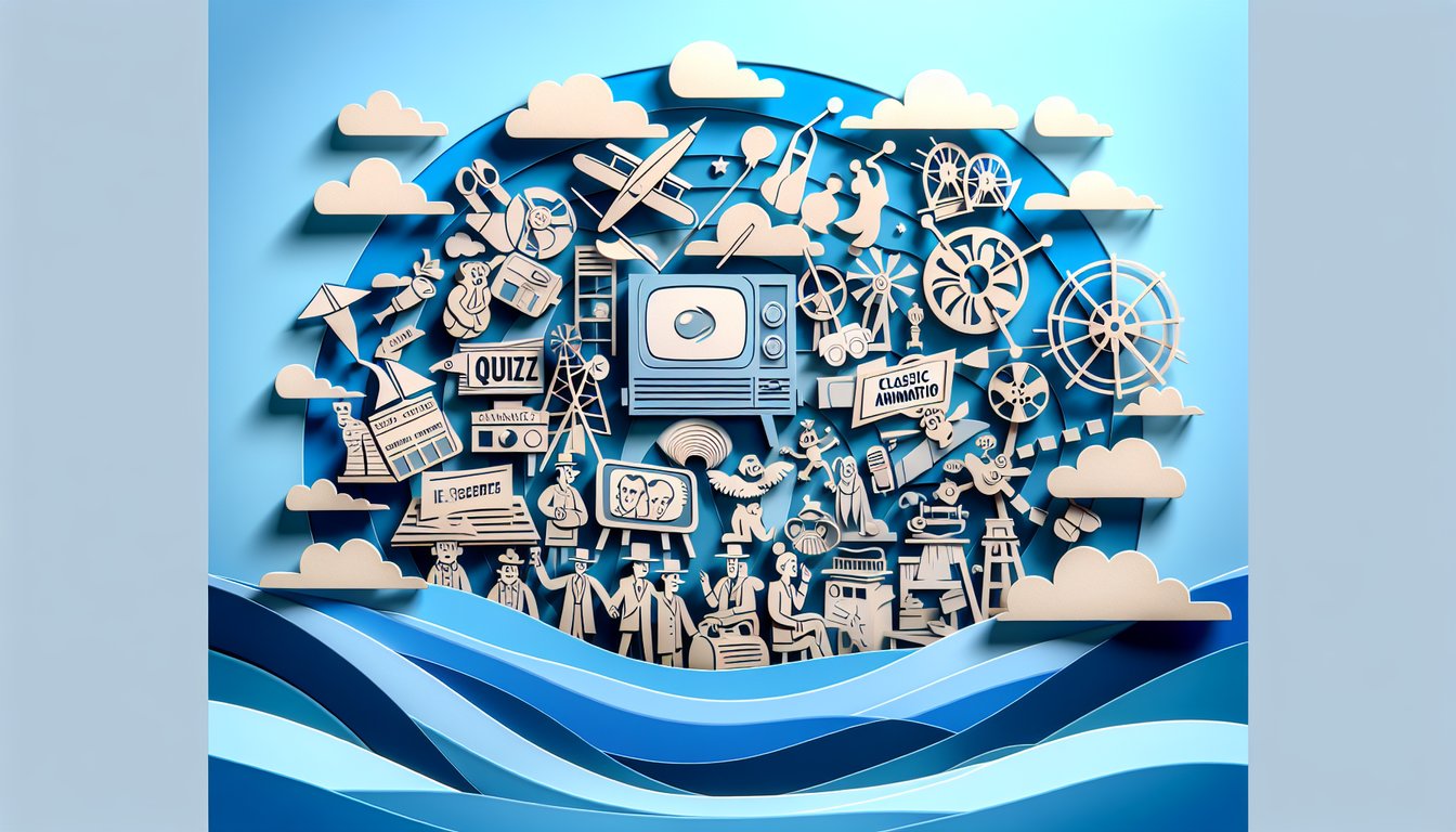 Paper art collage of classic cartoon characters, film reel animation cells, studio tools on sky blue background