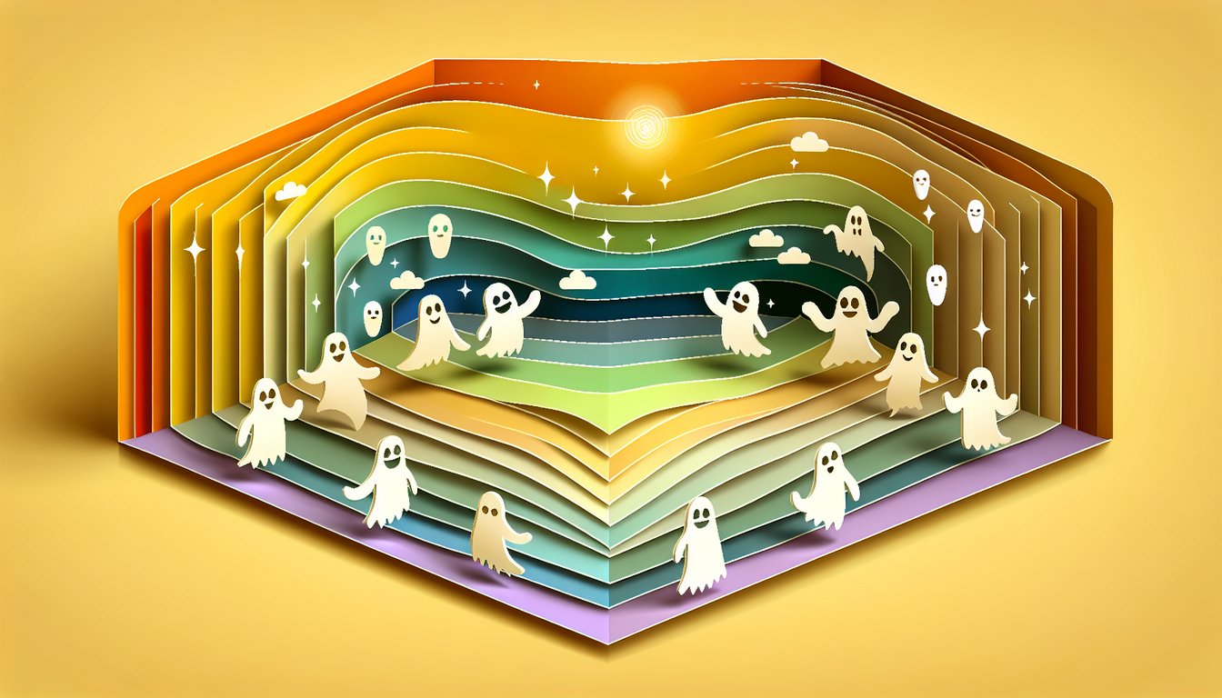 Paper art illustration for ghost test quiz on a golden yellow background
