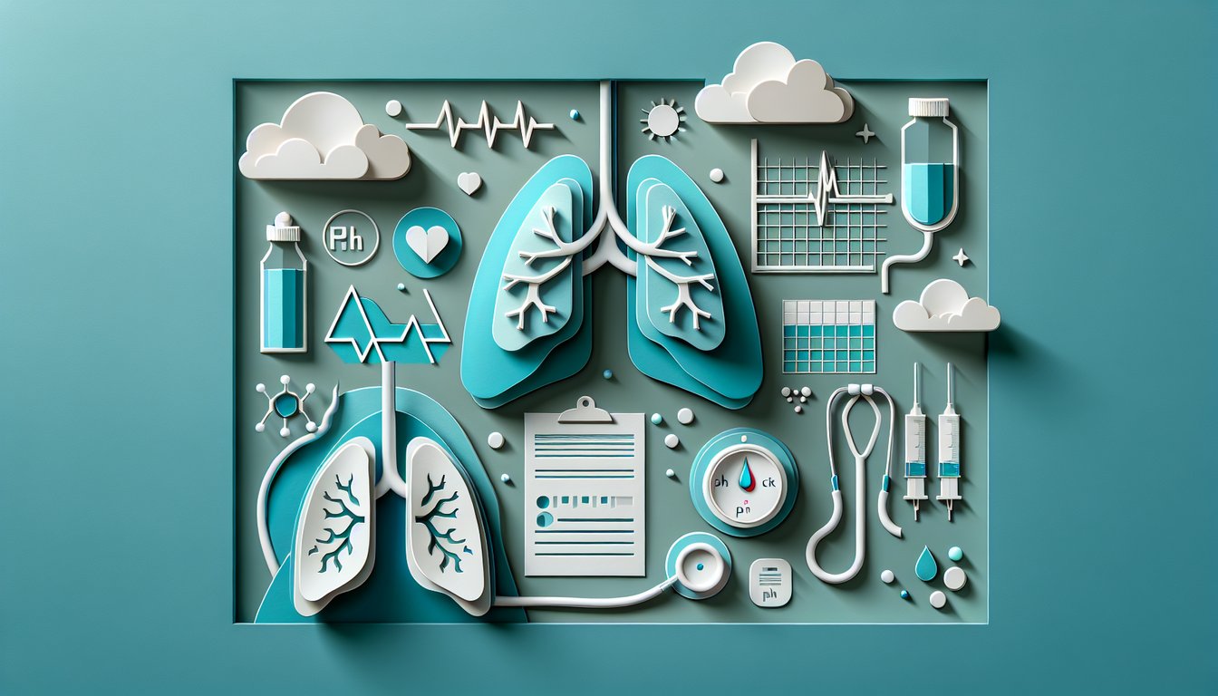 Paper art illustration for ABG practice questions quiz on a teal background