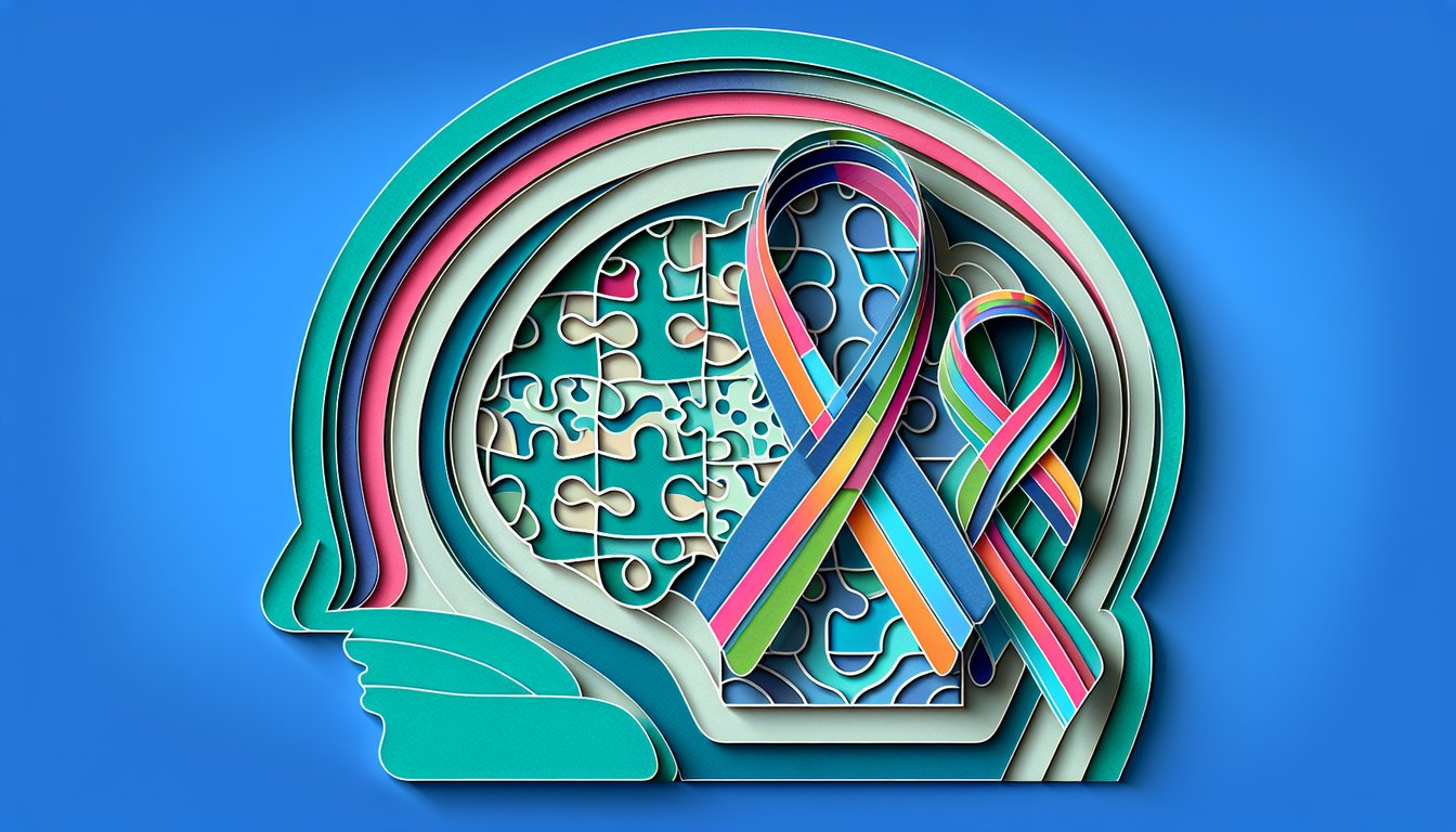 Paper art mask shapes layered over puzzle pieces and question marks on teal background for autistic masking quiz