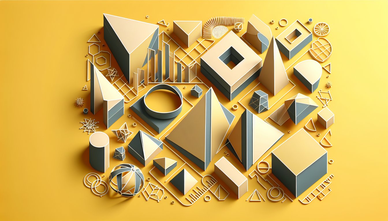 Paper art depicting prisms and cylinders for a geometry quiz on golden yellow background