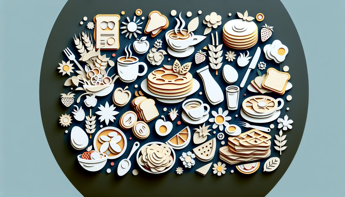 Paper art illustration promoting a free breakfast food trivia quiz on a dark blue background.