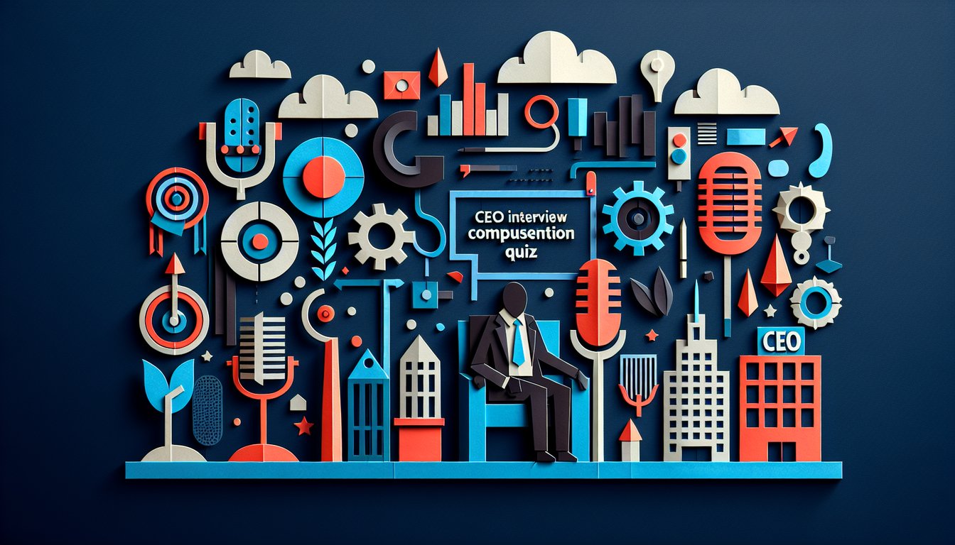 Colorful paper art depicting elements related to a CEO Interview Comprehension Quiz.