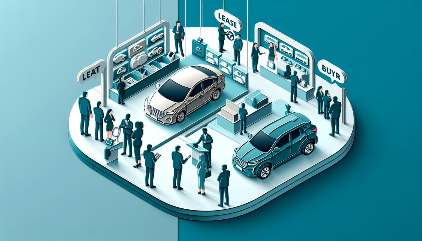 Paper art car coins lease vs buy quiz graphic on teal background