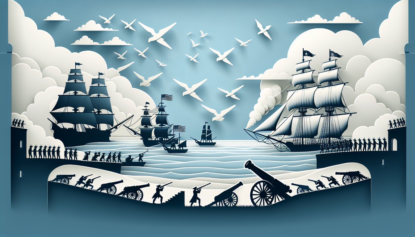 Paper art scene with Fort McHenry flag, cannon and quiz text Battle of Baltimore War of 1812 on sky blue background
