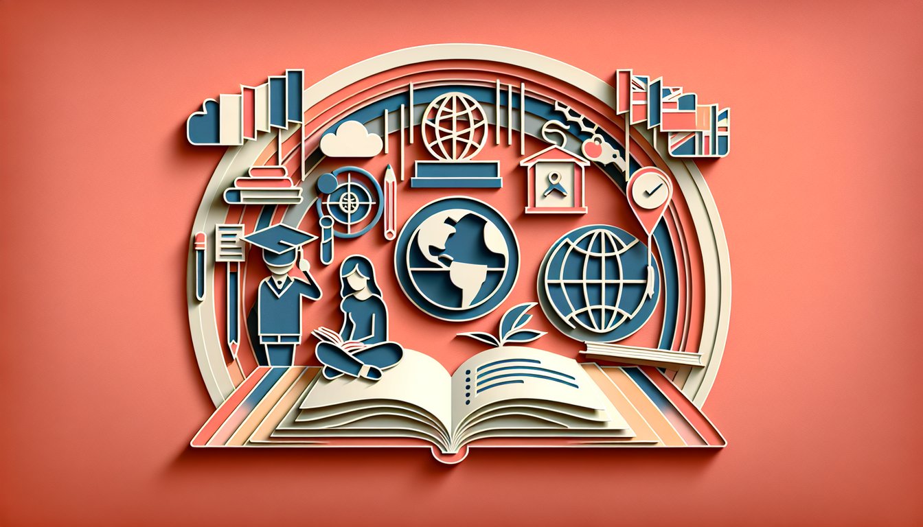 Paper art style books pencils graduation cap symbolizing ISAT quiz on coral background, sharpen skills, track score