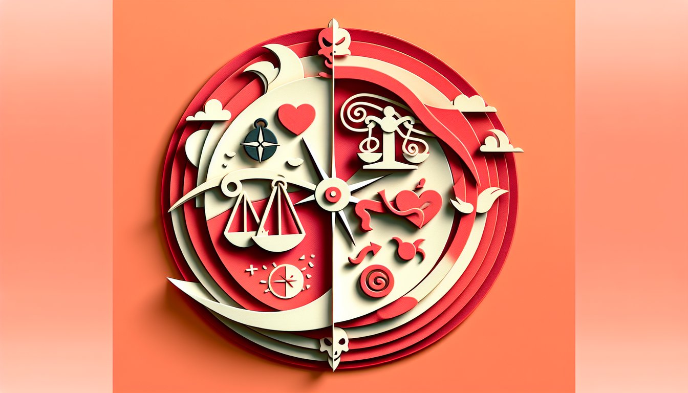 Paper cut illustration of smiling angel wing and devil wing on coral background symbolizing evil vs nice moral quiz