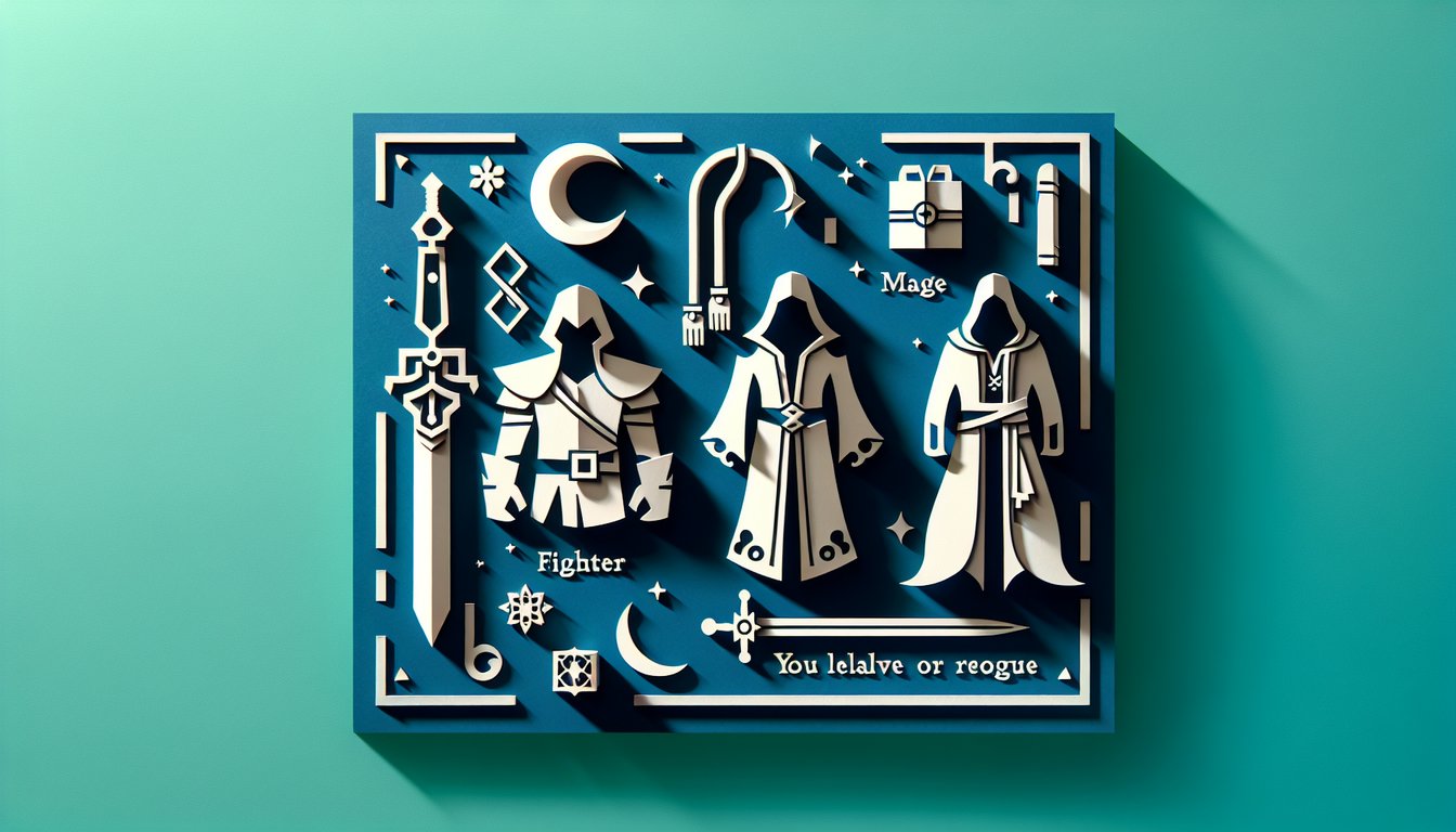 paper art icons of fighter sword shield mage staff rogue dagger on teal background free personality quiz invite