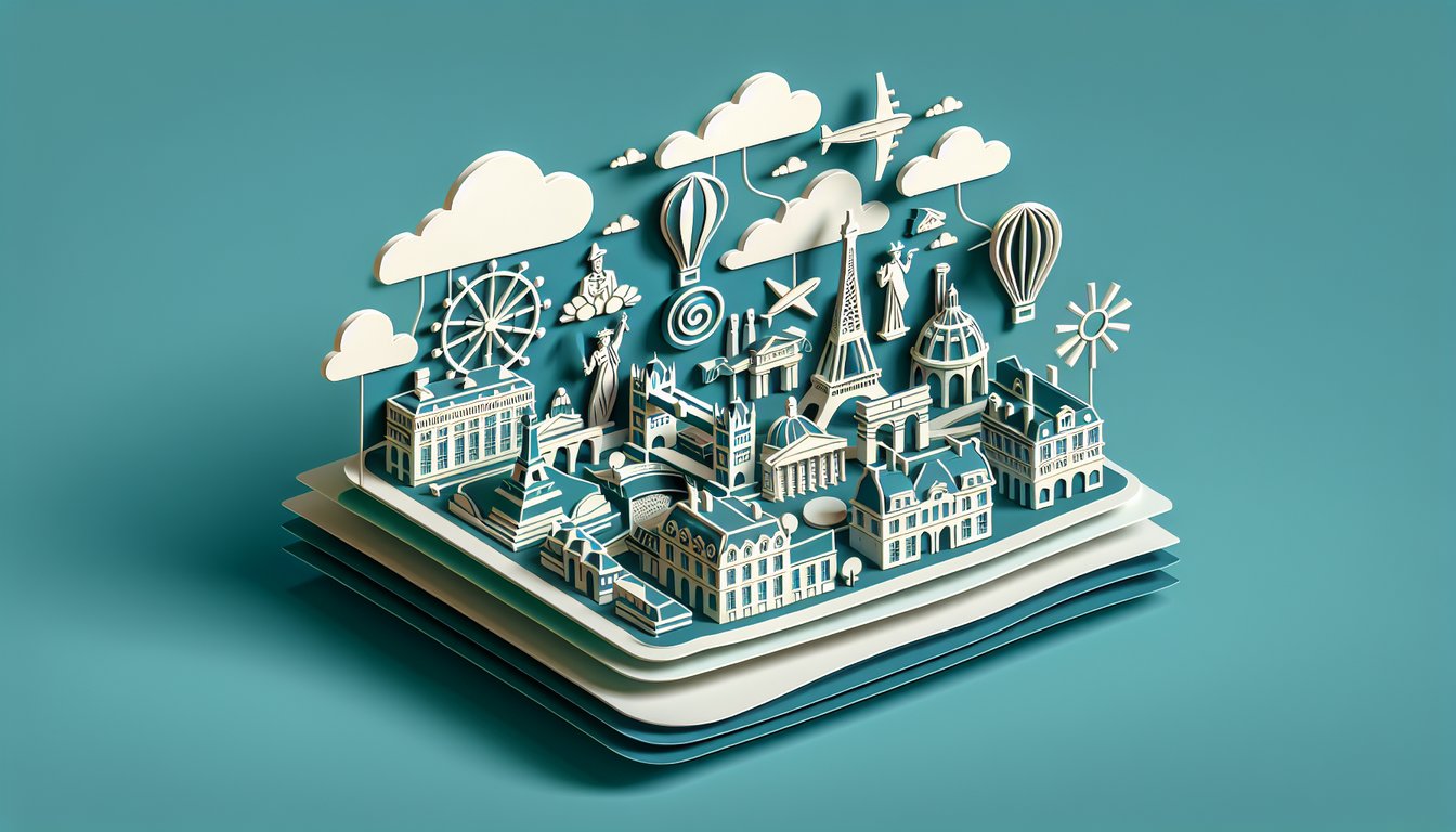 Paper art illustration showing Eiffel Tower question cards quiz icons French culture history landmarks on teal background