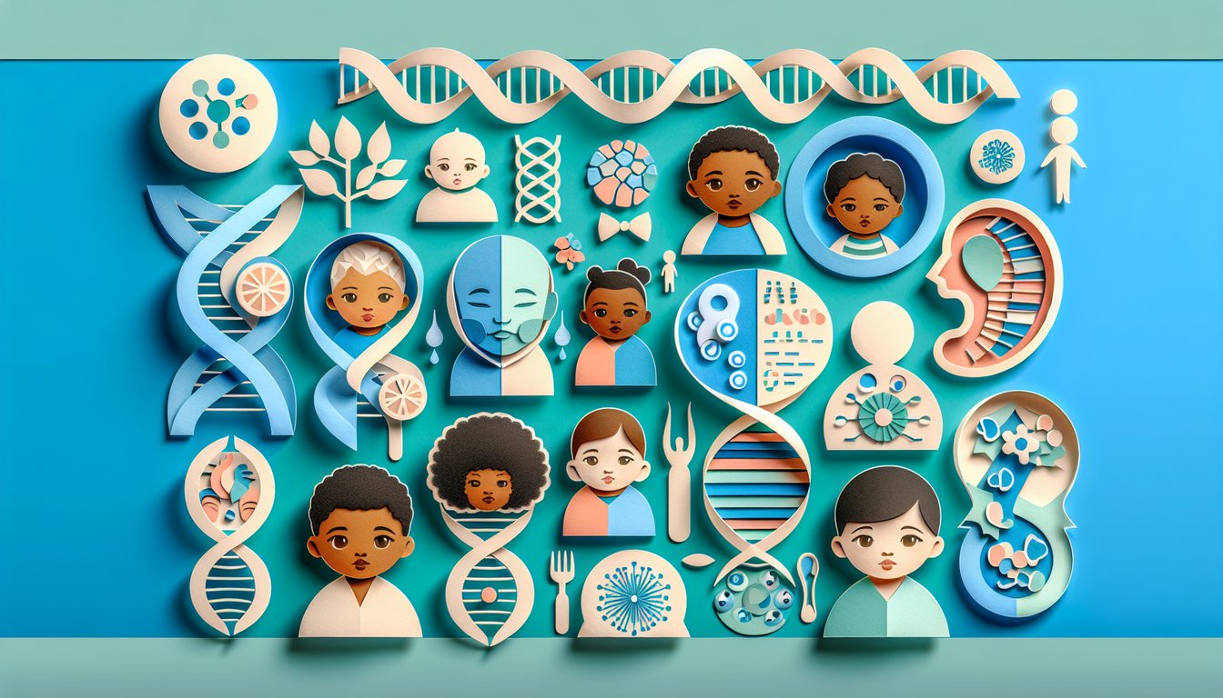 Paper art illustration for baby hair and eye color predictor quiz on a teal background