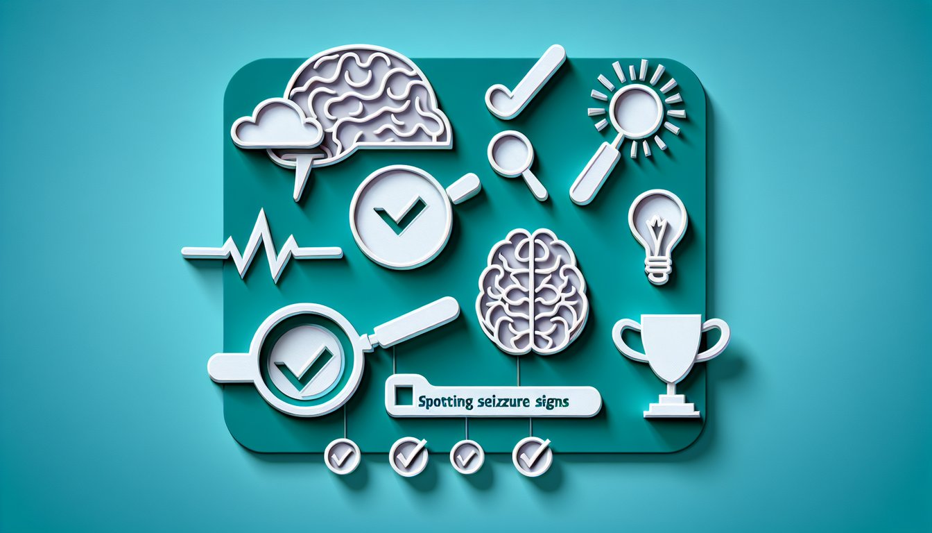 Paper art illustration of a quiz on spotting seizure signs with bold question marks and icons on a teal background