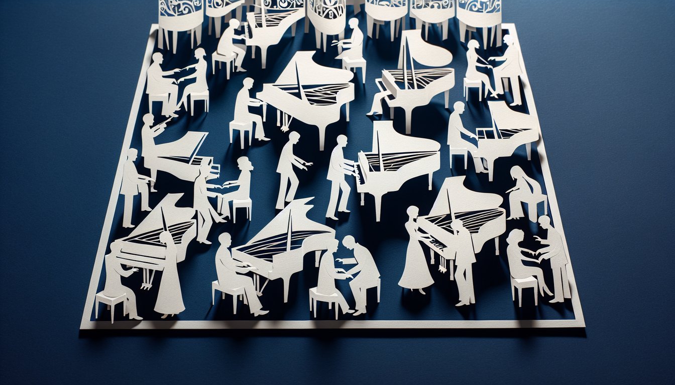 3D voxel art illustrating a Piano Ensemble course with multiple pianos and musicians.