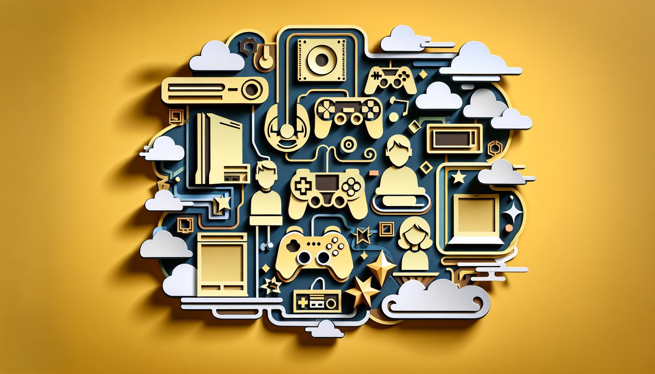 Paper art gaming icons controller headset coins genre symbols play style budget on golden yellow background for console quiz