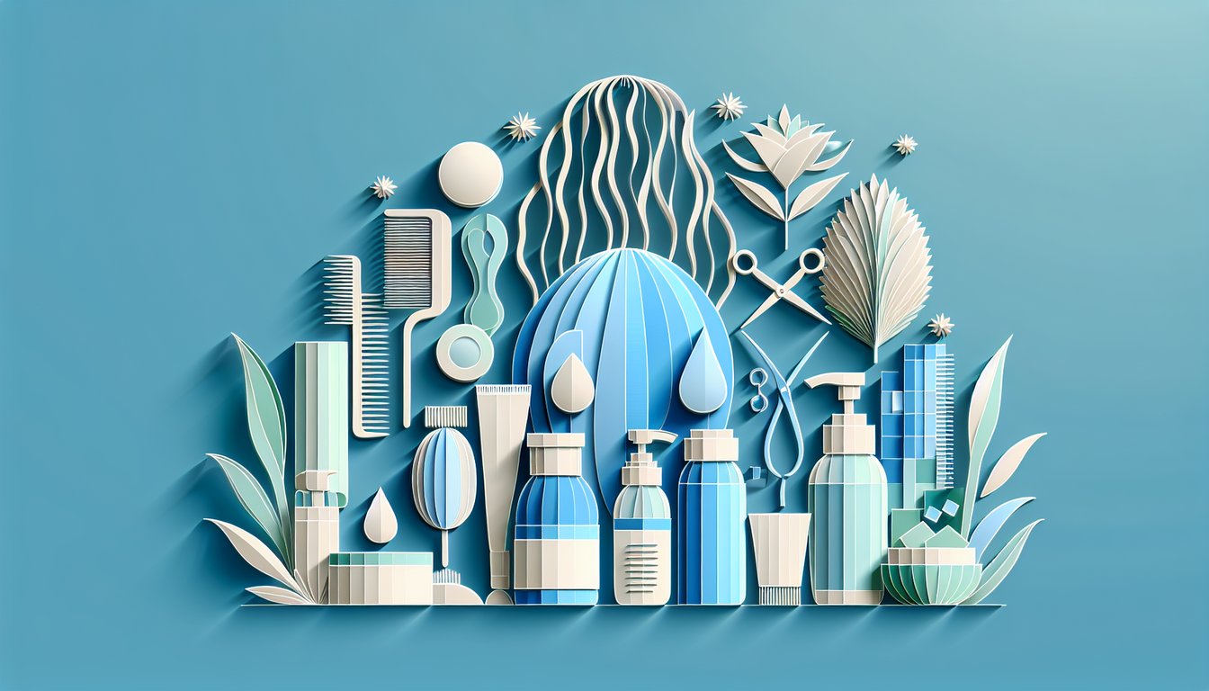 Paper cut style illustration of hair strands and scalp features on sky blue background for cosmetology quiz
