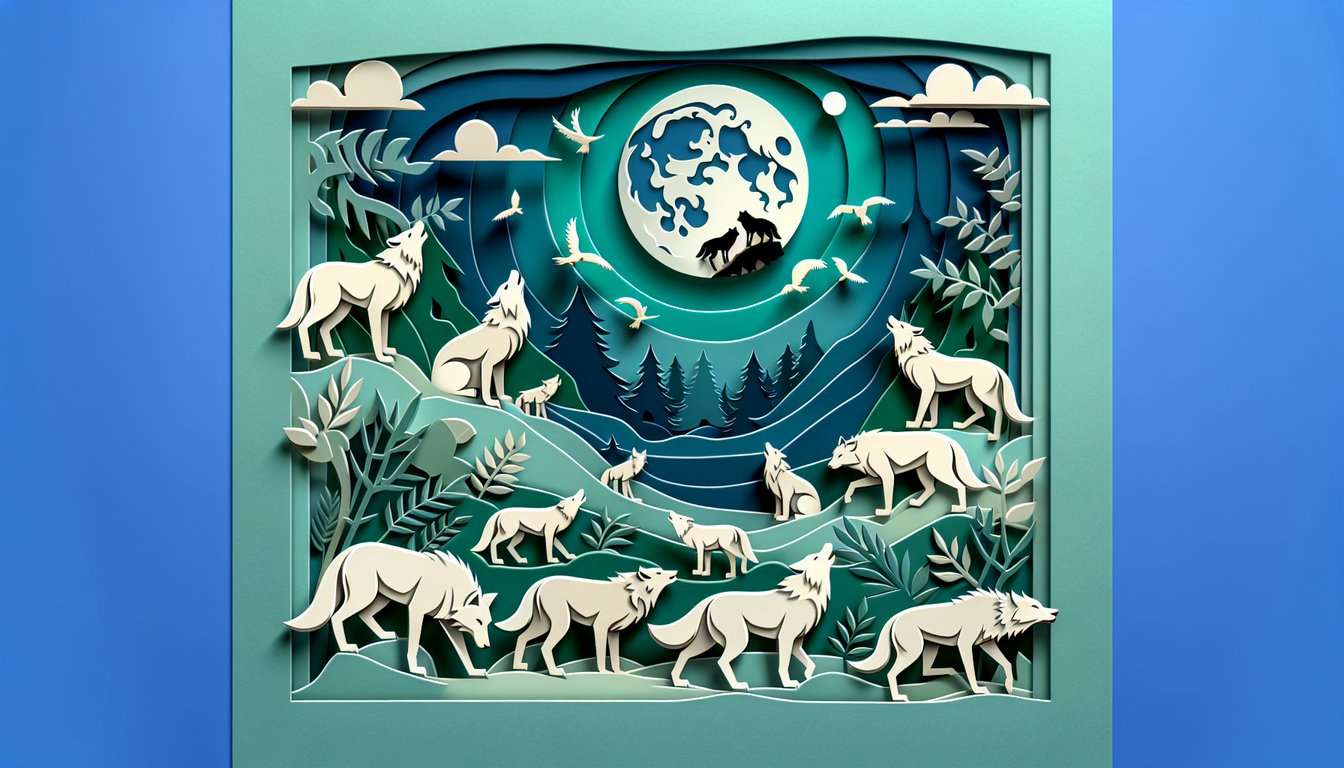 Paper art wolf silhouette with layered forest shapes in white and teal on a teal background evoking a personality quiz theme