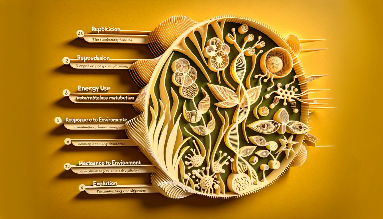 Paper art illustration for a biology quiz about fundamental life traits on a golden yellow background