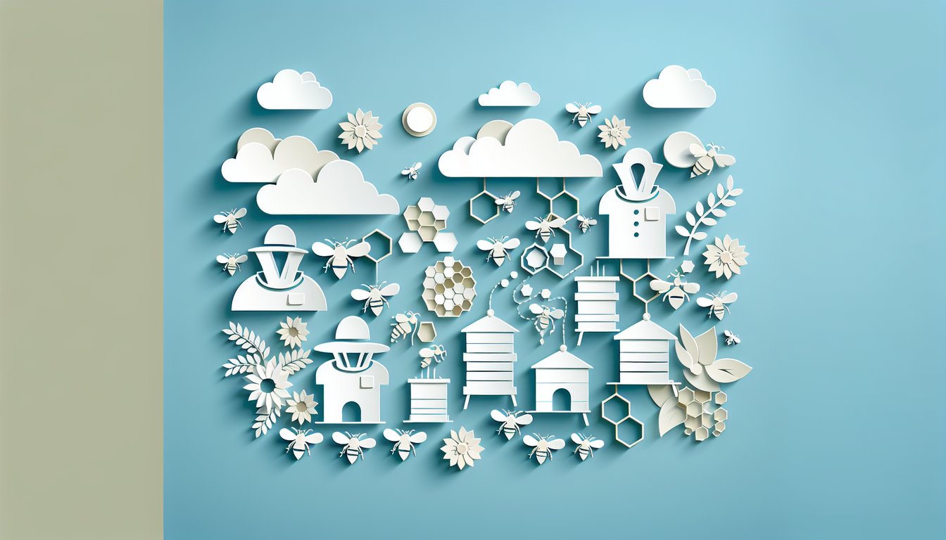 Paper art illustration shows beekeeper figures and honeycomb on sky blue background for The Beekeeper movie character quiz