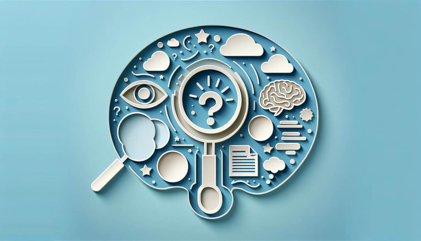 Paper art style brain checklist and question mark icons float on sky blue background for an ADD traits quiz.