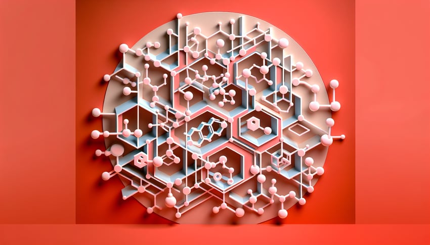 Paper art polymer chains condensation arrows molecular structures on coral background for macromolecules quiz