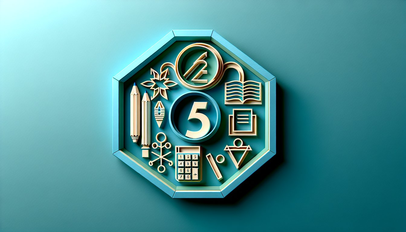 Paper art Primary 5 math quiz elements on teal background with numbers shapes pencils and test sheet inviting math challenge