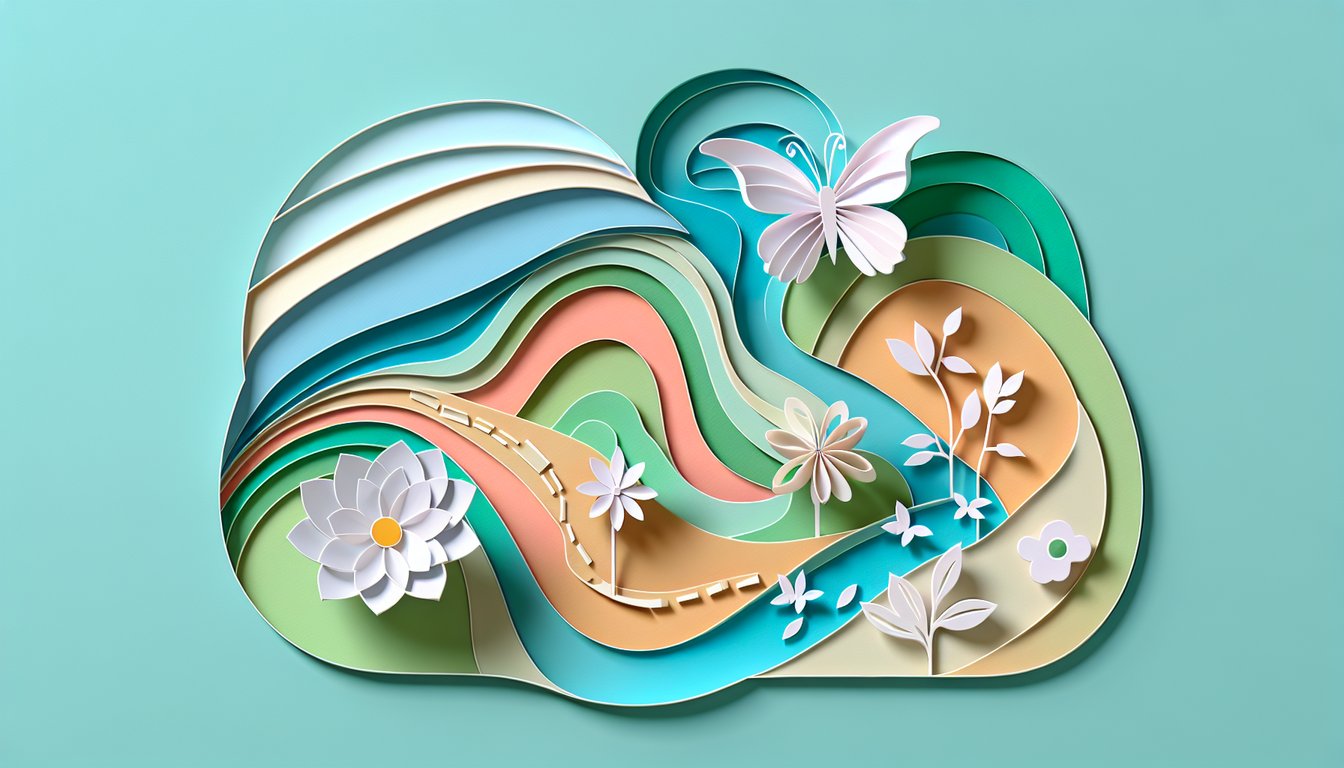 abstract paper art collage showing layered cutout silhouette of a figure reaching toward light on teal background